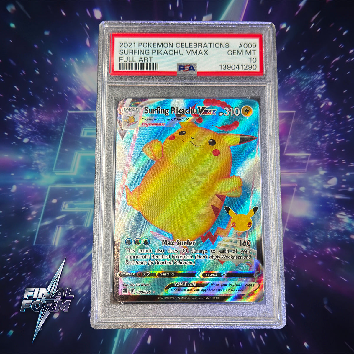 A graded Pokémon trading card in a clear PSA slab, featuring Surfing Pikachu VMAX from the 2021 Pokémon Celebrations set. The slab label shows a Gem Mint 10 grade.